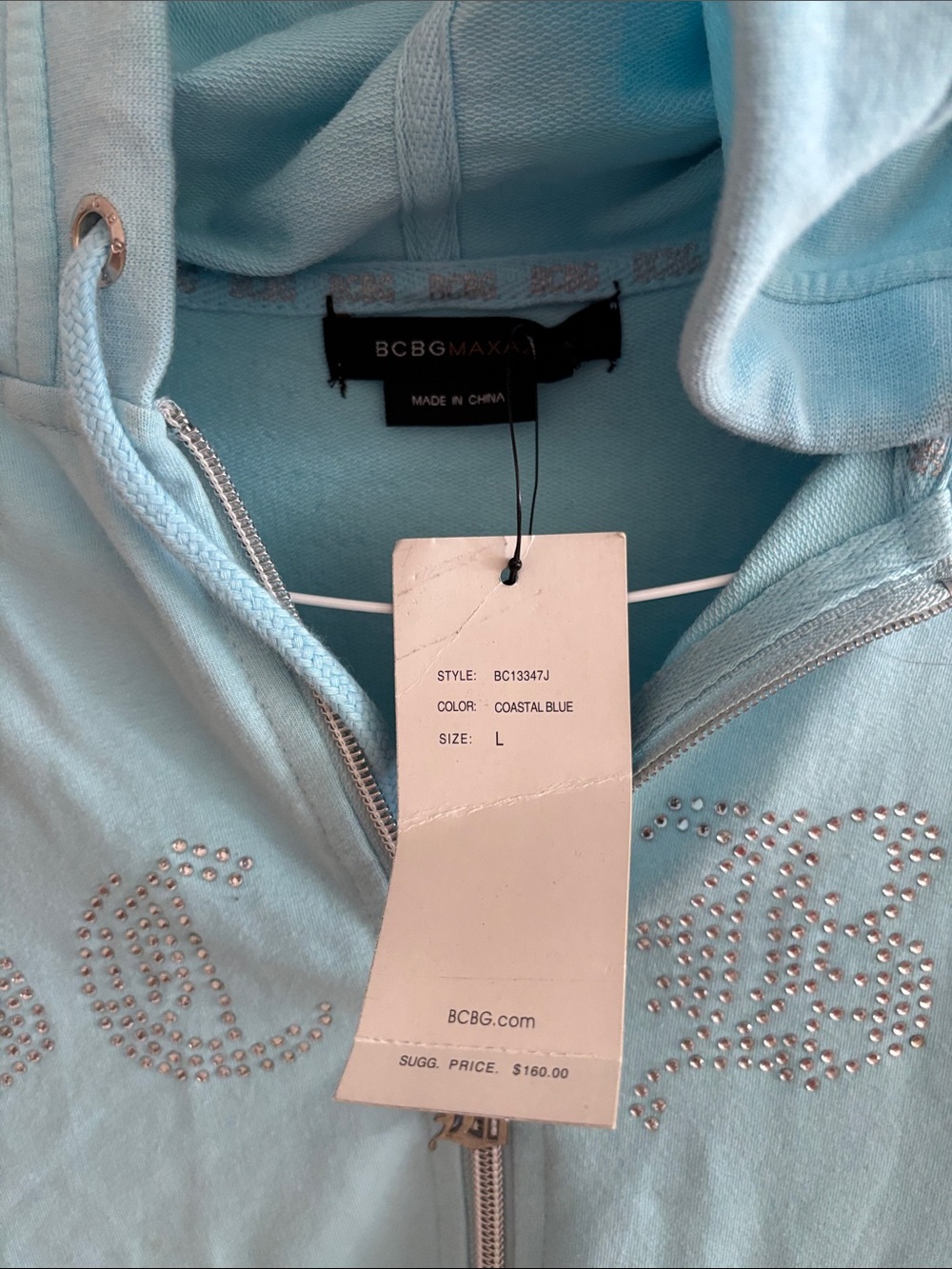 BCBG Coastal Blue Rhinestone Logo Zip Hoodie - Picture 2 of 3